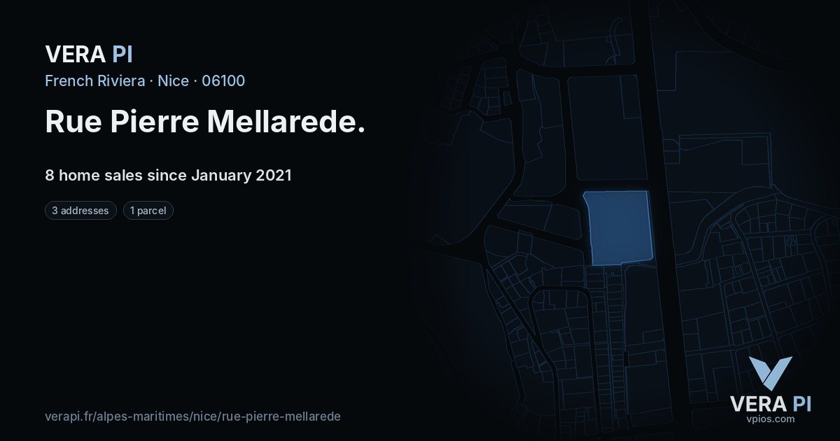 Rue Pierre Mellarede, Nice at night – every parcel coloured by the prices around it, the street's own parcels lit
