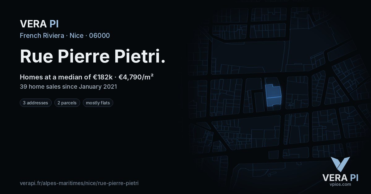 Rue Pierre Pietri, Nice at night – every parcel coloured by the prices around it, the street's own parcels lit