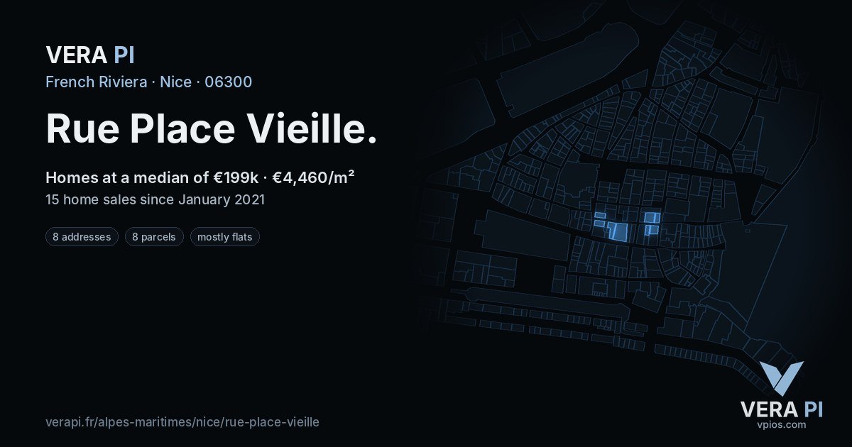 Rue Place Vieille, Nice at night – every parcel coloured by the prices around it, the street's own parcels lit