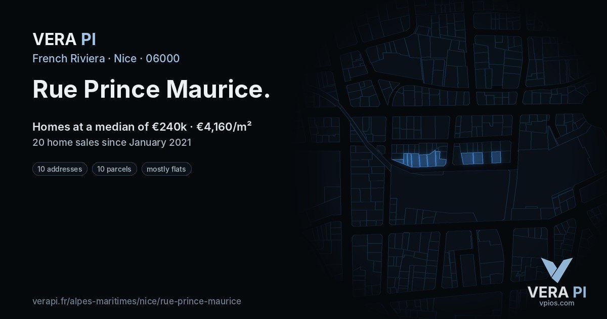 Rue Prince Maurice, Nice at night – every parcel coloured by the prices around it, the street's own parcels lit
