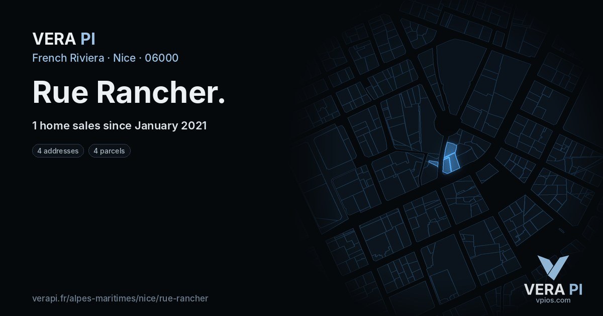 Rue Rancher, Nice at night – every parcel coloured by the prices around it, the street's own parcels lit