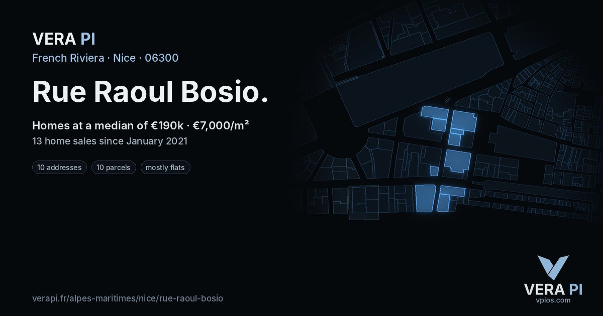 Rue Raoul Bosio, Nice at night – every parcel coloured by the prices around it, the street's own parcels lit