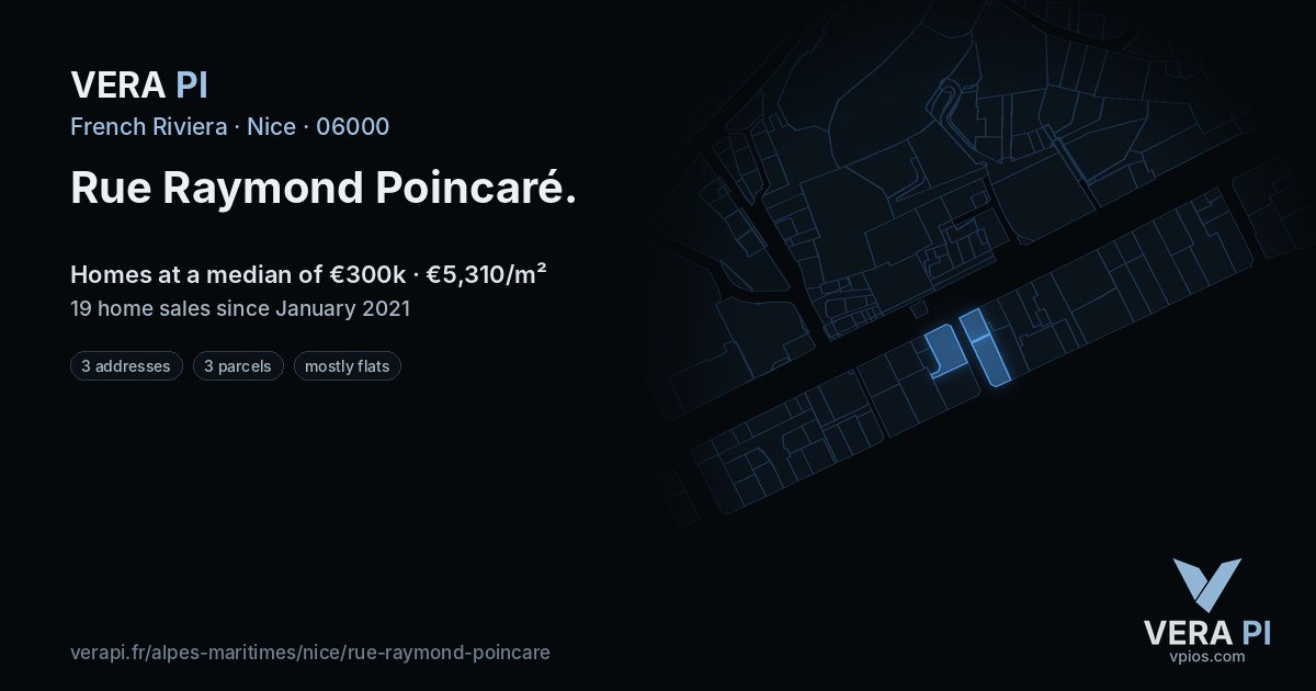 Rue Raymond Poincaré, Nice at night – every parcel coloured by the prices around it, the street's own parcels lit