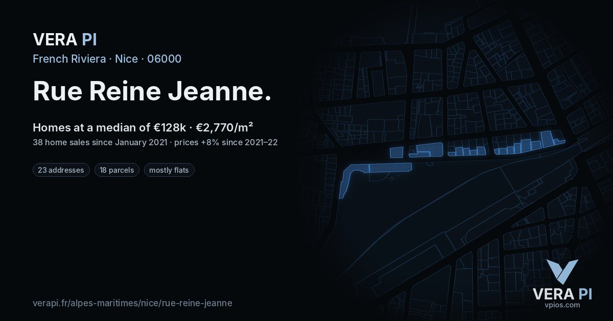 Rue Reine Jeanne, Nice at night – every parcel coloured by the prices around it, the street's own parcels lit