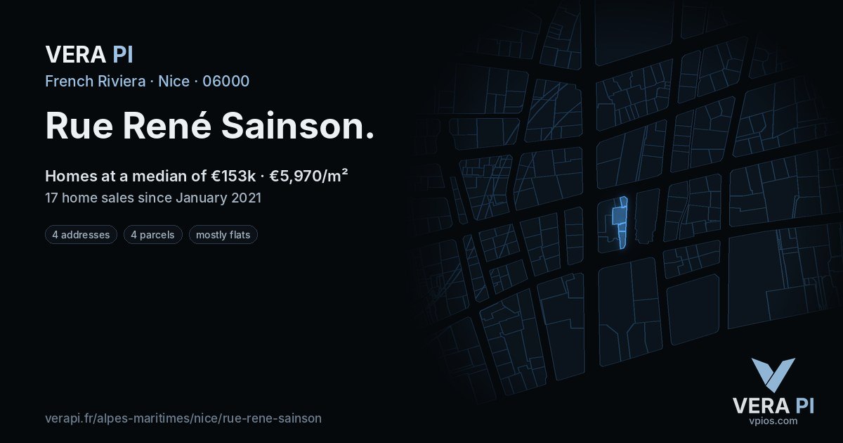 Rue René Sainson, Nice at night – every parcel coloured by the prices around it, the street's own parcels lit