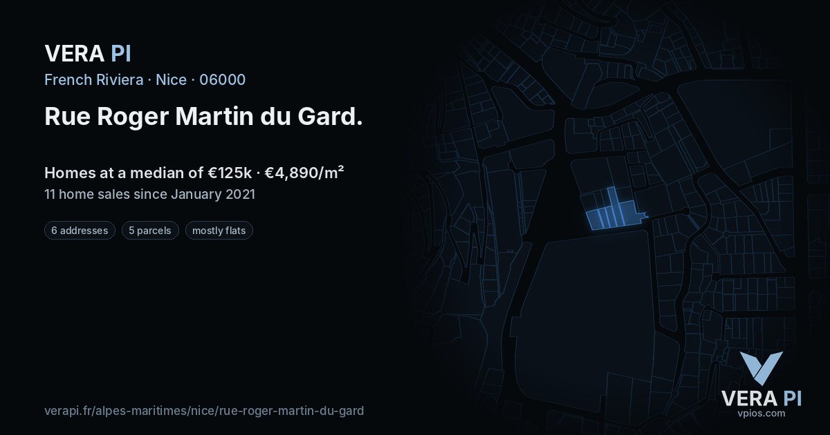 Rue Roger Martin du Gard, Nice at night – every parcel coloured by the prices around it, the street's own parcels lit