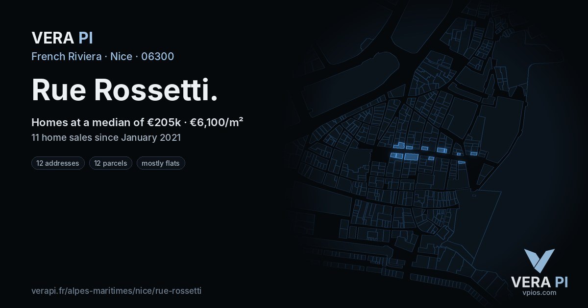 Rue Rossetti, Nice at night – every parcel coloured by the prices around it, the street's own parcels lit