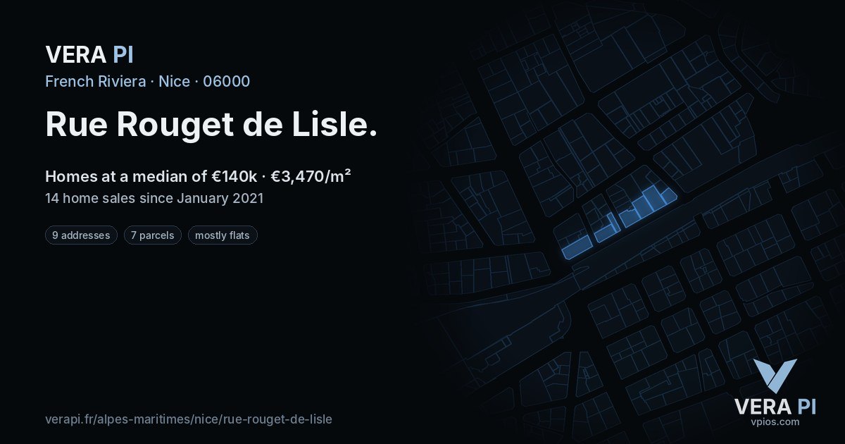 Rue Rouget de Lisle, Nice at night – every parcel coloured by the prices around it, the street's own parcels lit