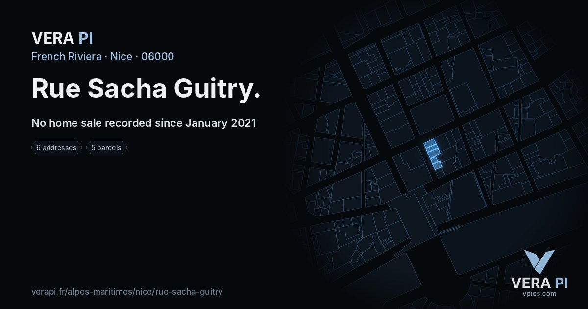 Rue Sacha Guitry, Nice at night – every parcel coloured by the prices around it, the street's own parcels lit
