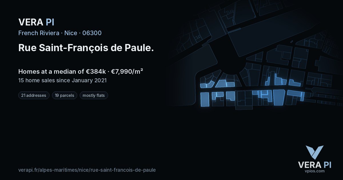 Rue Saint-François de Paule, Nice at night – every parcel coloured by the prices around it, the street's own parcels lit