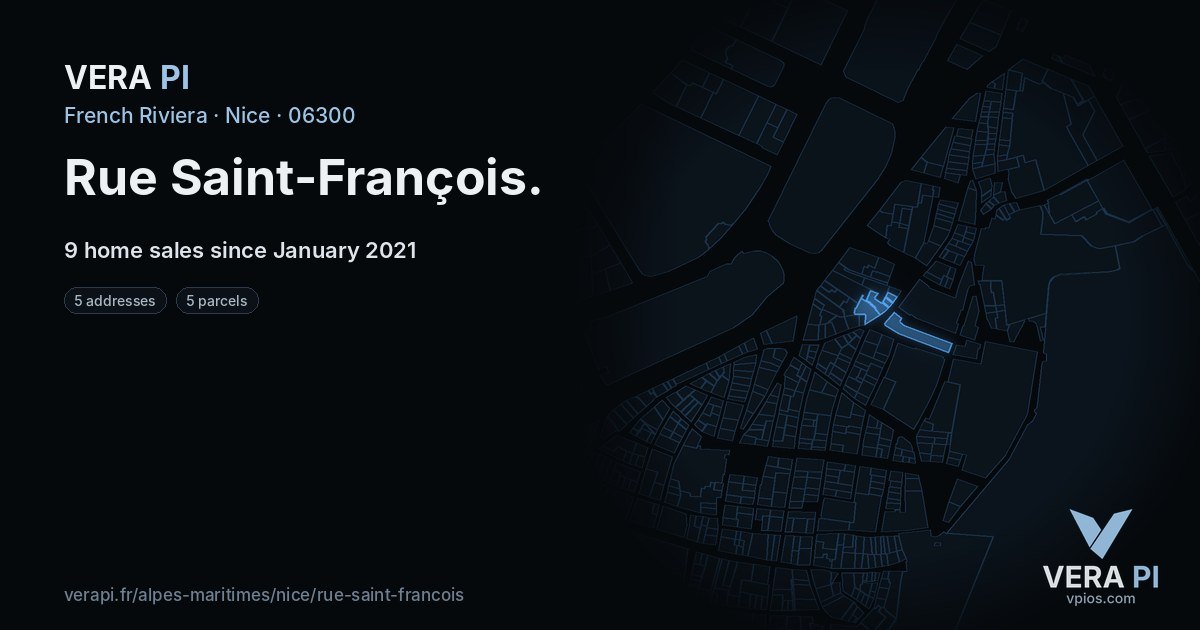 Rue Saint-François, Nice at night – every parcel coloured by the prices around it, the street's own parcels lit
