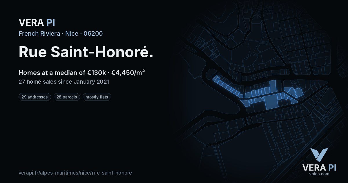 Rue Saint-Honoré, Nice at night – every parcel coloured by the prices around it, the street's own parcels lit