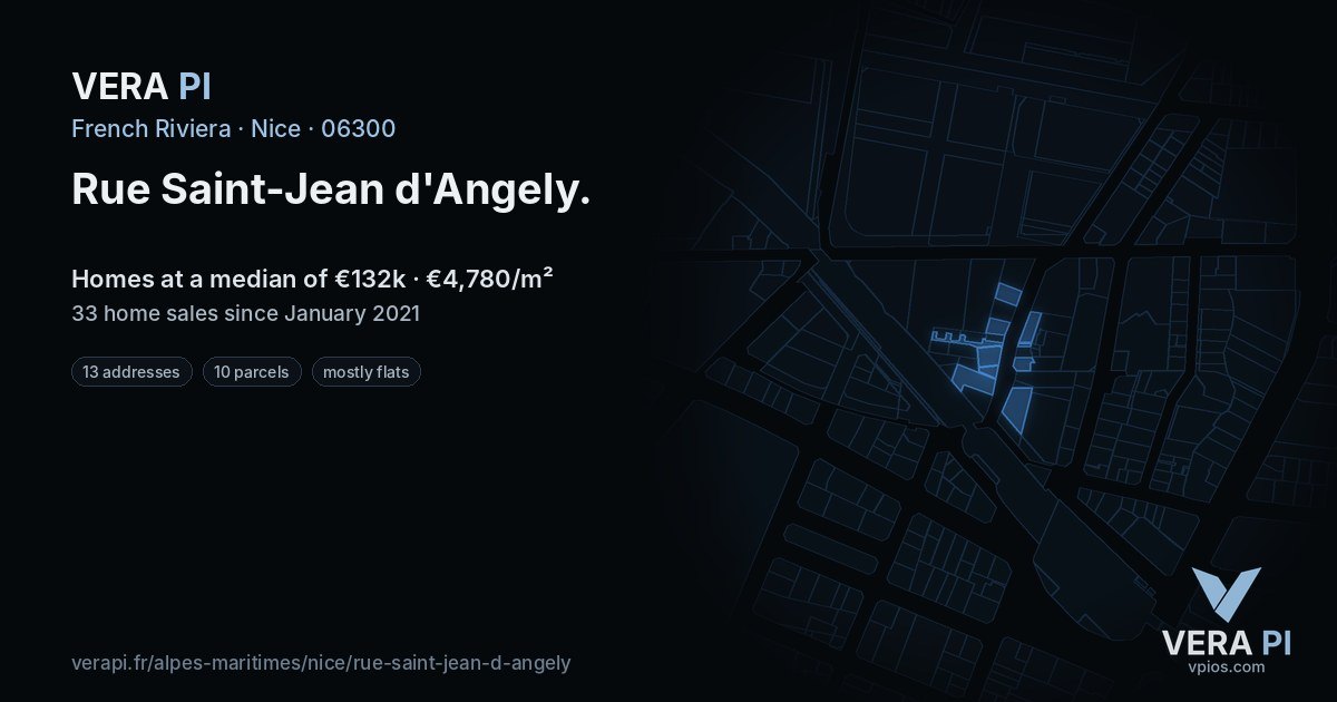 Rue Saint-Jean d'Angely, Nice at night – every parcel coloured by the prices around it, the street's own parcels lit
