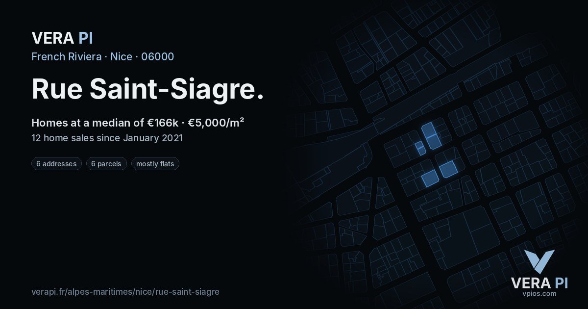 Rue Saint-Siagre, Nice at night – every parcel coloured by the prices around it, the street's own parcels lit