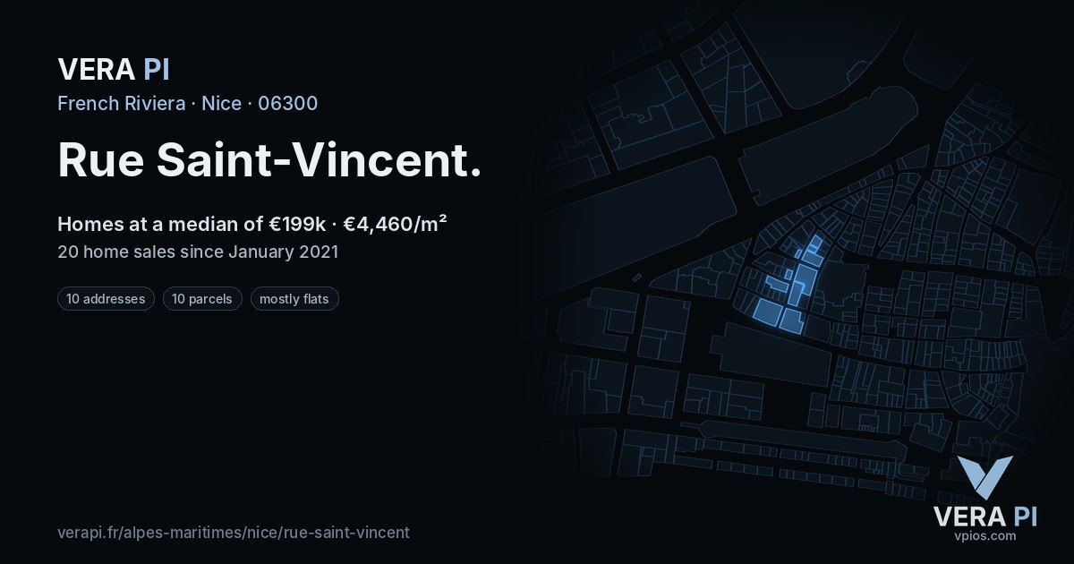 Rue Saint-Vincent, Nice at night – every parcel coloured by the prices around it, the street's own parcels lit