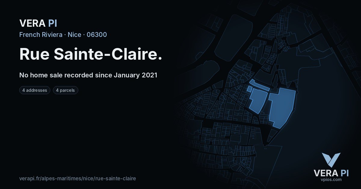 Rue Sainte-Claire, Nice at night – every parcel coloured by the prices around it, the street's own parcels lit