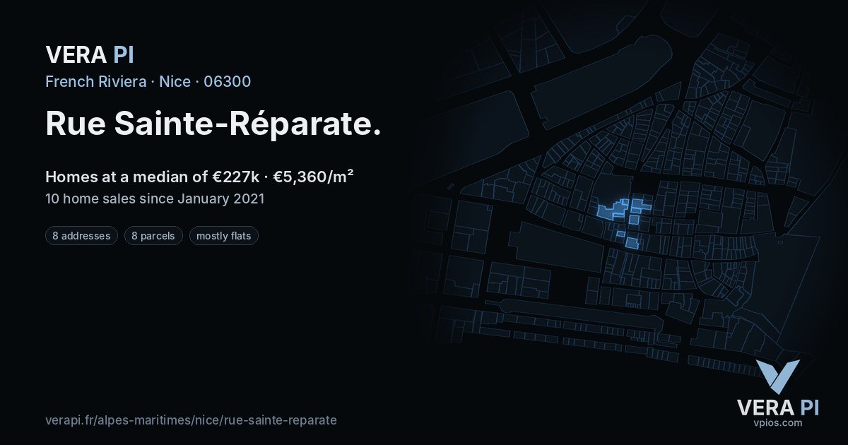 Rue Sainte-Réparate, Nice at night – every parcel coloured by the prices around it, the street's own parcels lit