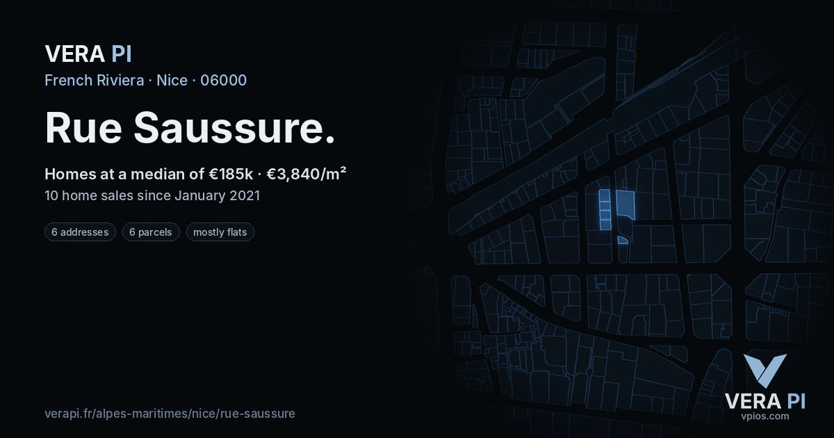 Rue Saussure, Nice at night – every parcel coloured by the prices around it, the street's own parcels lit