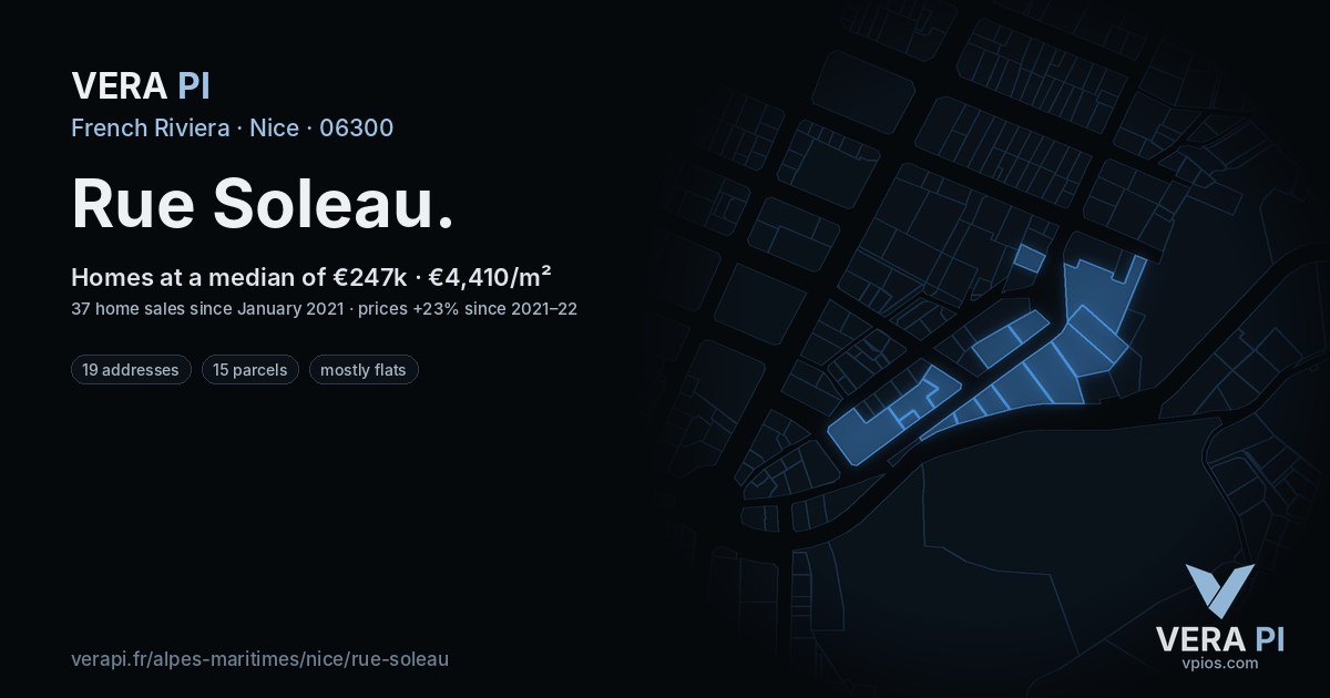 Rue Soleau, Nice at night – every parcel coloured by the prices around it, the street's own parcels lit