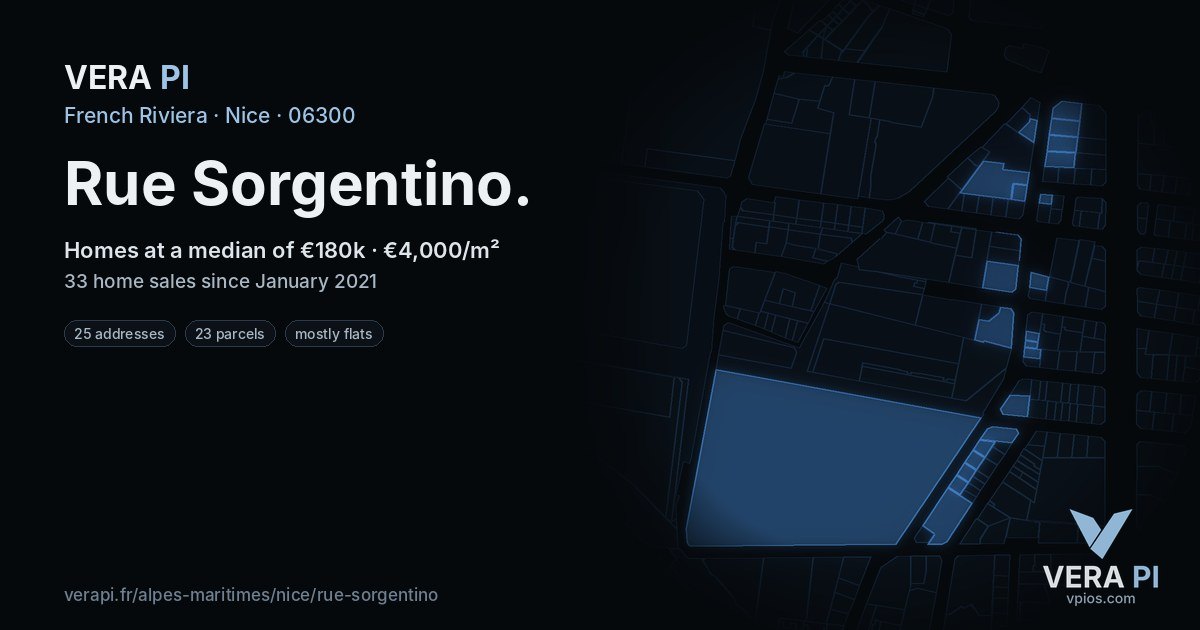 Rue Sorgentino, Nice at night – every parcel coloured by the prices around it, the street's own parcels lit