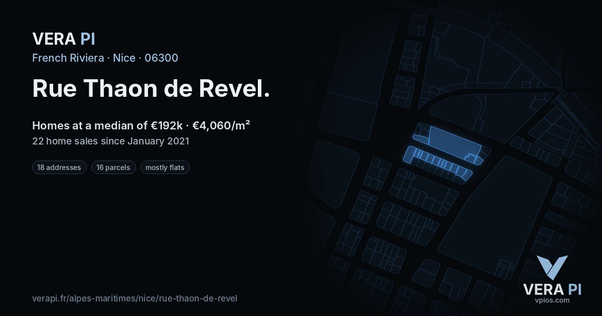 Rue Thaon de Revel, Nice at night – every parcel coloured by the prices around it, the street's own parcels lit