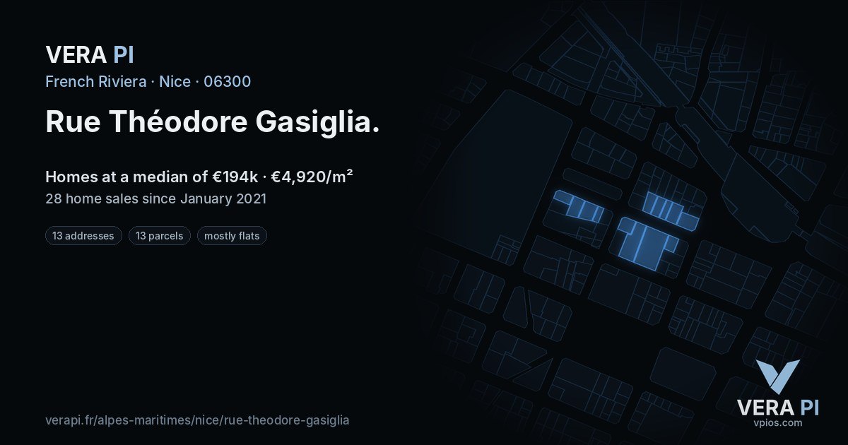 Rue Théodore Gasiglia, Nice at night – every parcel coloured by the prices around it, the street's own parcels lit