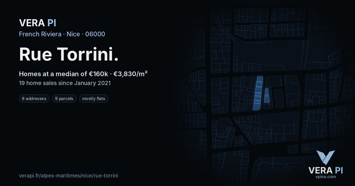 Rue Torrini, Nice at night – every parcel coloured by the prices around it, the street's own parcels lit