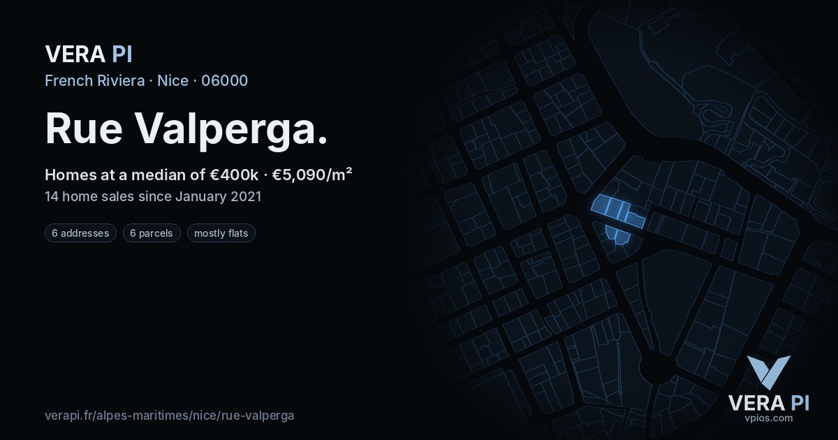 Rue Valperga, Nice at night – every parcel coloured by the prices around it, the street's own parcels lit