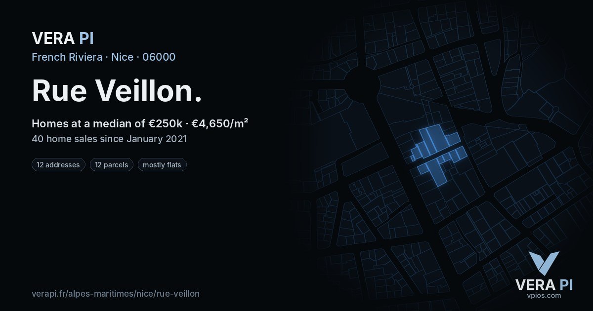 Rue Veillon, Nice at night – every parcel coloured by the prices around it, the street's own parcels lit
