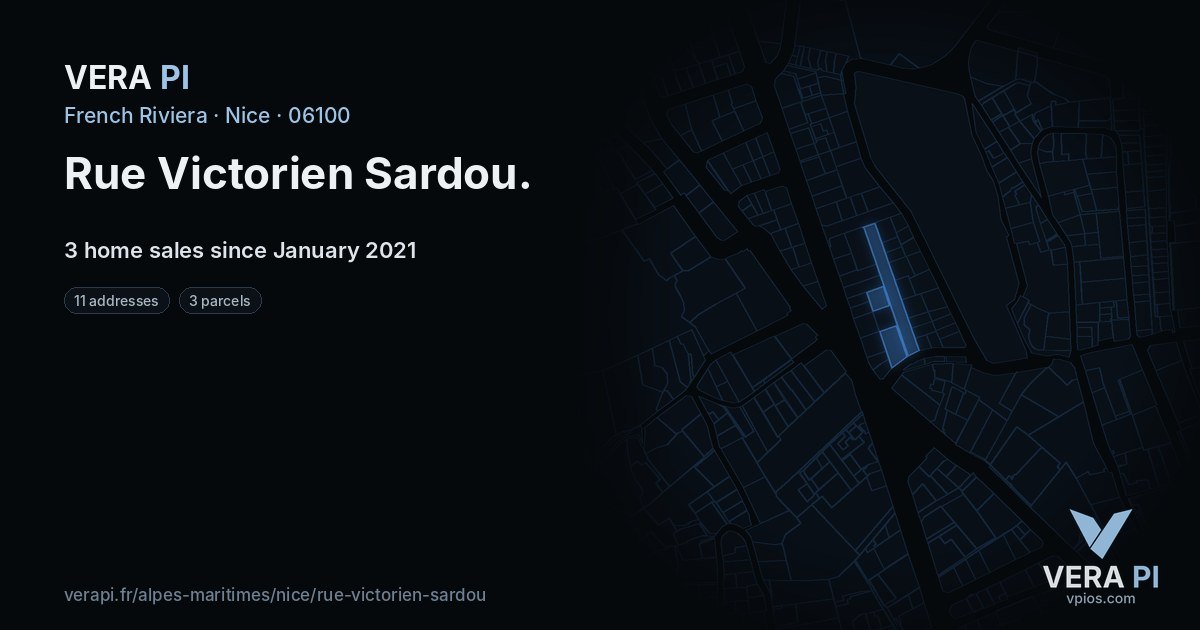 Rue Victorien Sardou, Nice at night – every parcel coloured by the prices around it, the street's own parcels lit