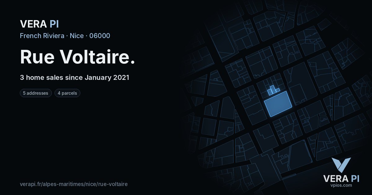 Rue Voltaire, Nice at night – every parcel coloured by the prices around it, the street's own parcels lit