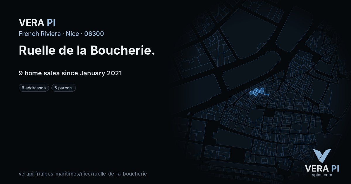 Ruelle de la Boucherie, Nice at night – every parcel coloured by the prices around it, the street's own parcels lit