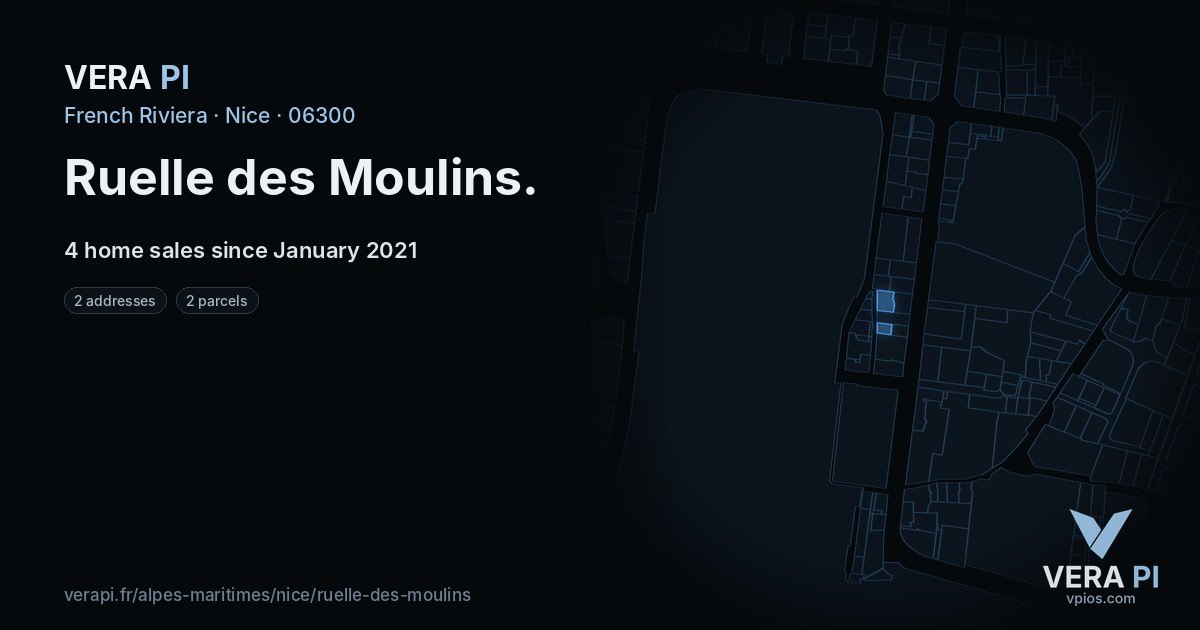 Ruelle des Moulins, Nice at night – every parcel coloured by the prices around it, the street's own parcels lit