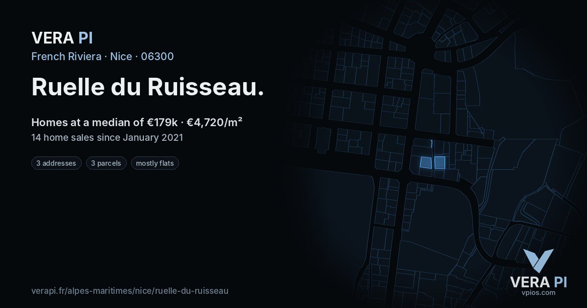 Ruelle du Ruisseau, Nice at night – every parcel coloured by the prices around it, the street's own parcels lit