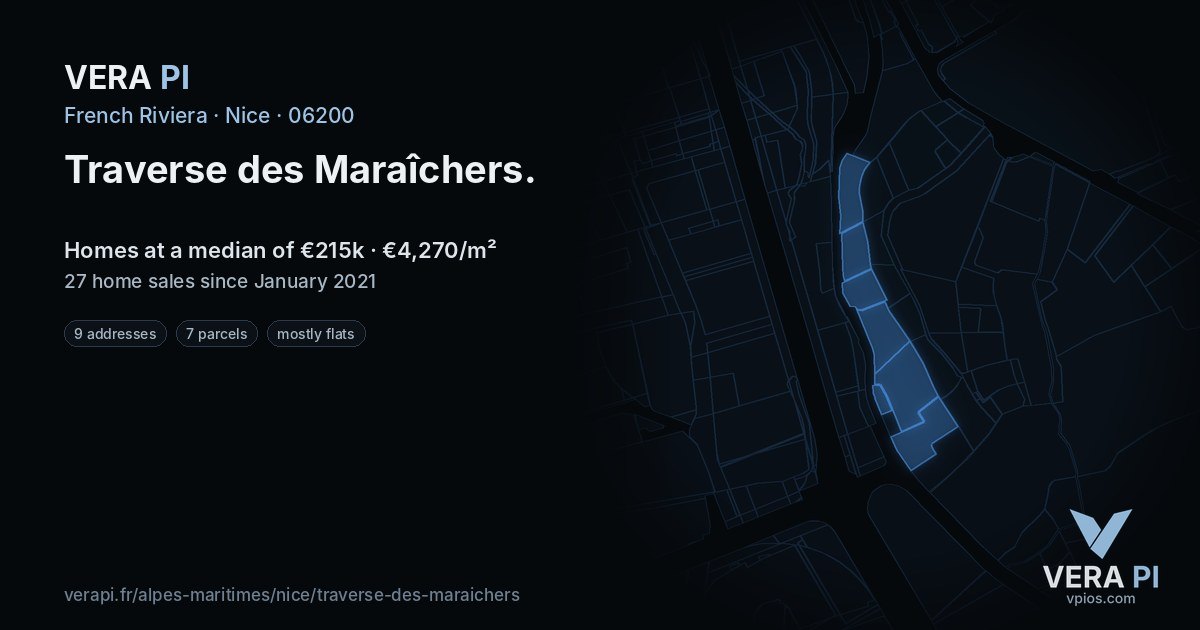 Traverse des Maraîchers, Nice at night – every parcel coloured by the prices around it, the street's own parcels lit