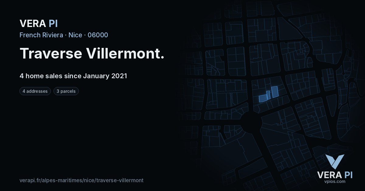 Traverse Villermont, Nice at night – every parcel coloured by the prices around it, the street's own parcels lit