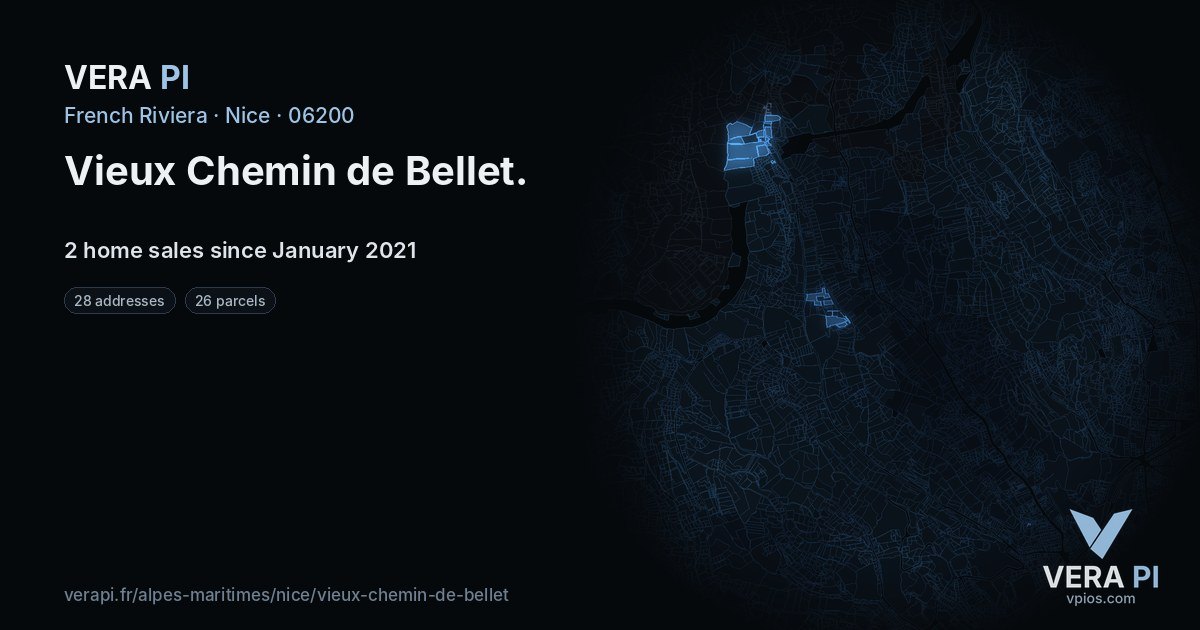 Vieux Chemin de Bellet, Nice at night – every parcel coloured by the prices around it, the street's own parcels lit