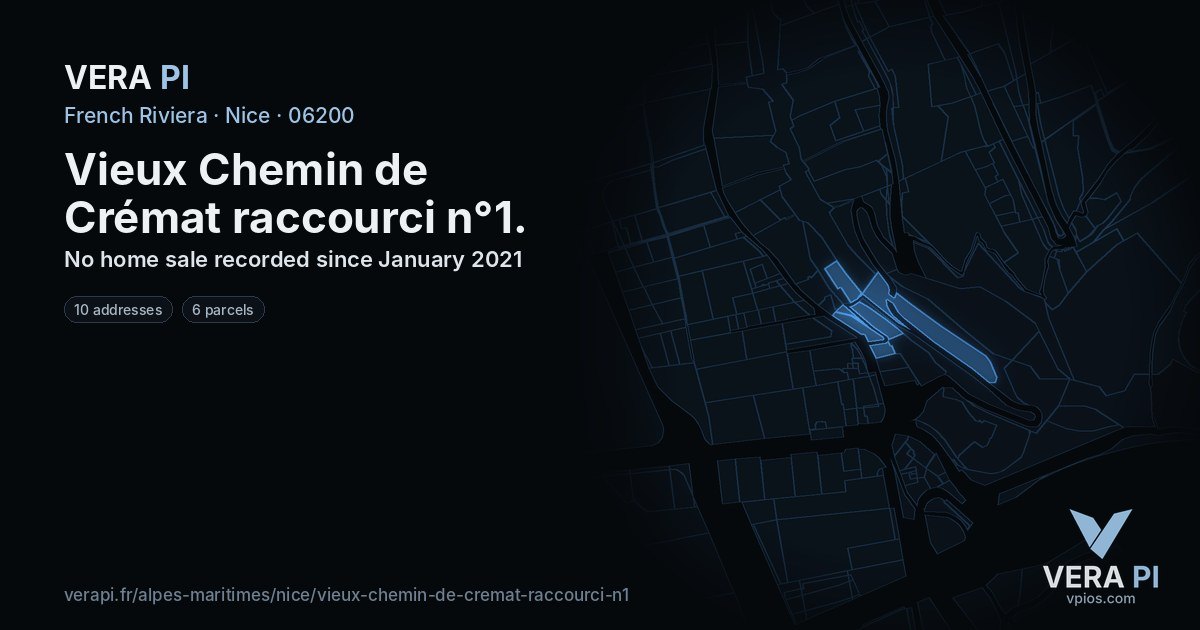 Vieux Chemin de Crémat raccourci n°1, Nice at night – every parcel coloured by the prices around it, the street's own parcels lit