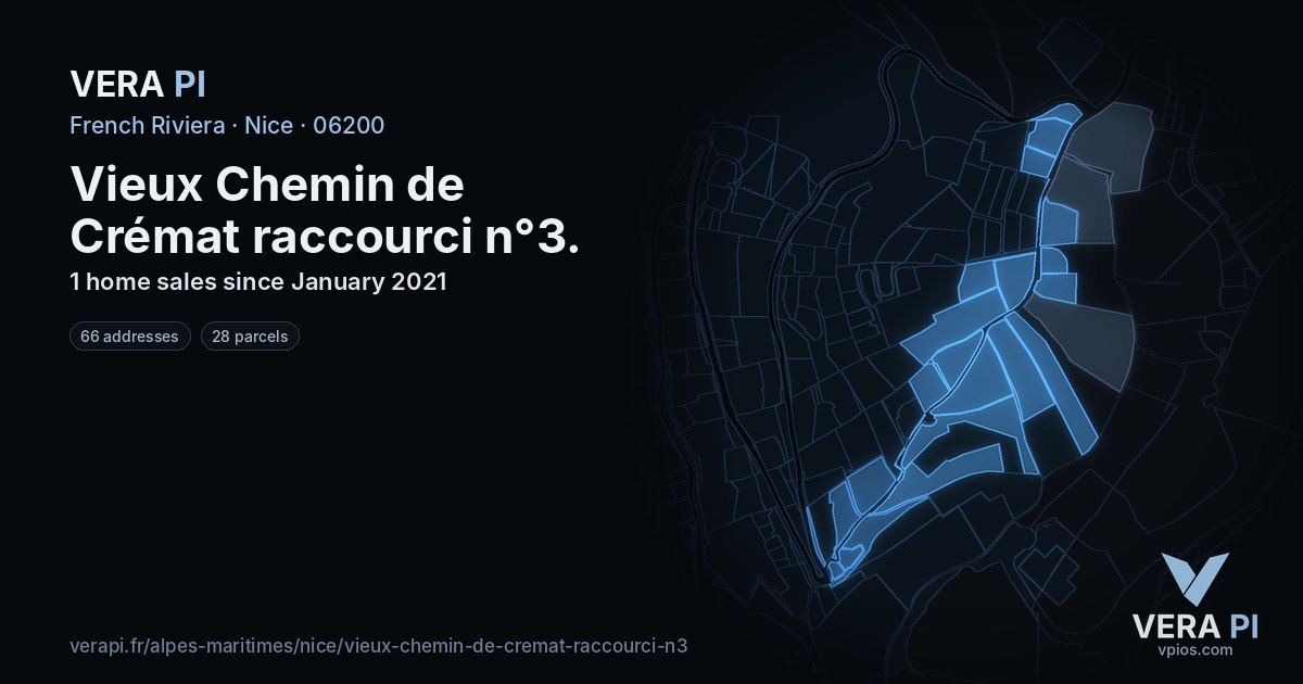 Vieux Chemin de Crémat raccourci n°3, Nice at night – every parcel coloured by the prices around it, the street's own parcels lit