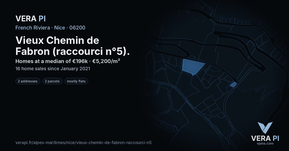 Vieux Chemin de Fabron (raccourci n°5), Nice at night – every parcel coloured by the prices around it, the street's own parcels lit