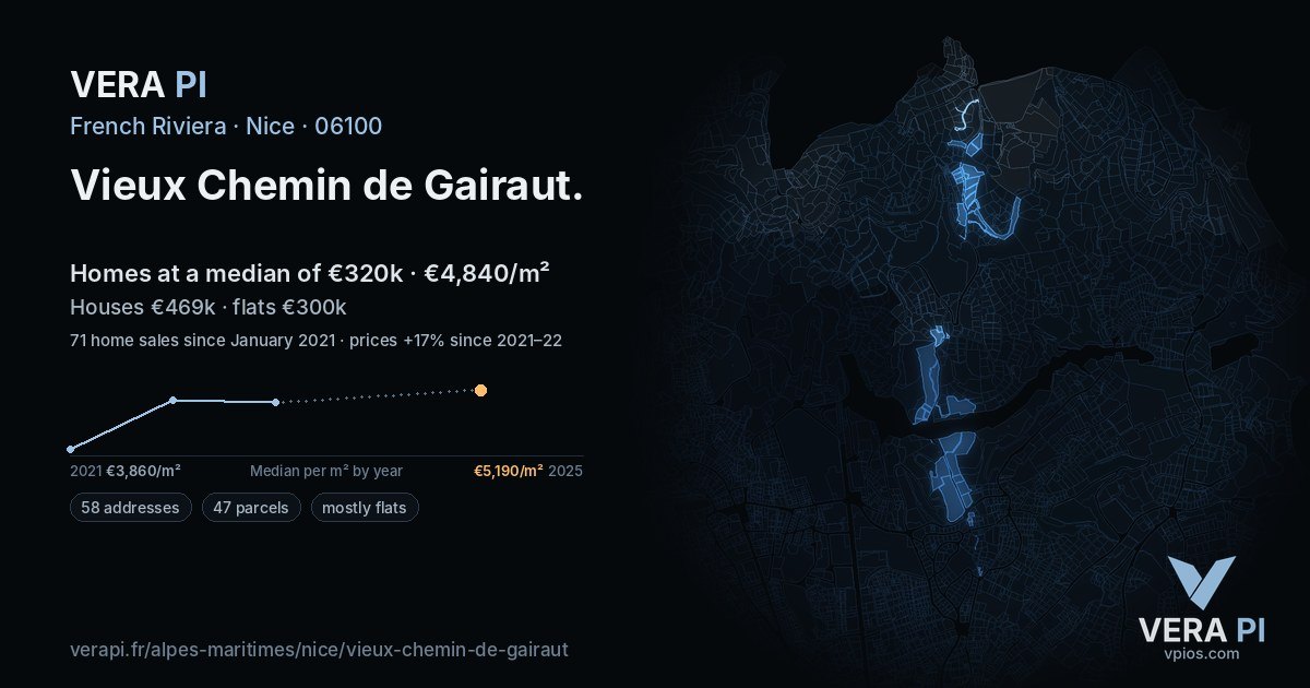 Vieux Chemin de Gairaut, Nice at night – every parcel coloured by the prices around it, the street's own parcels lit