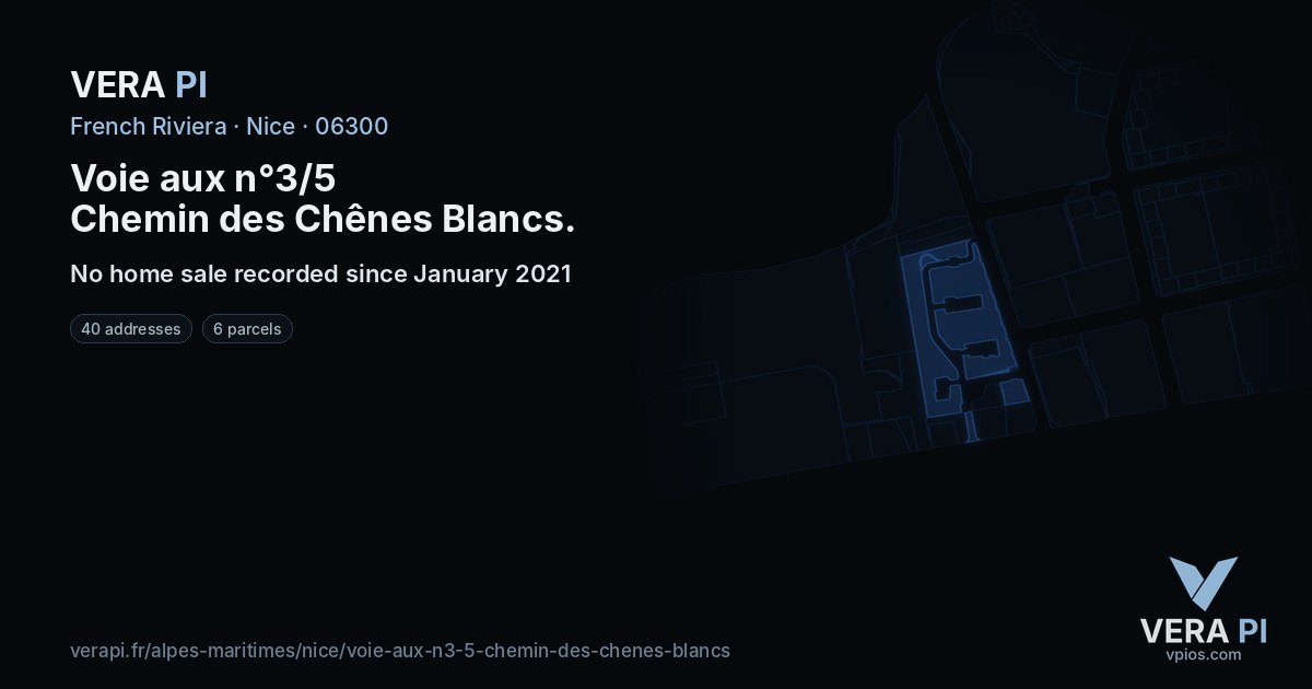 Voie aux n°3/5 Chemin des Chênes Blancs, Nice at night – every parcel coloured by the prices around it, the street's own parcels lit