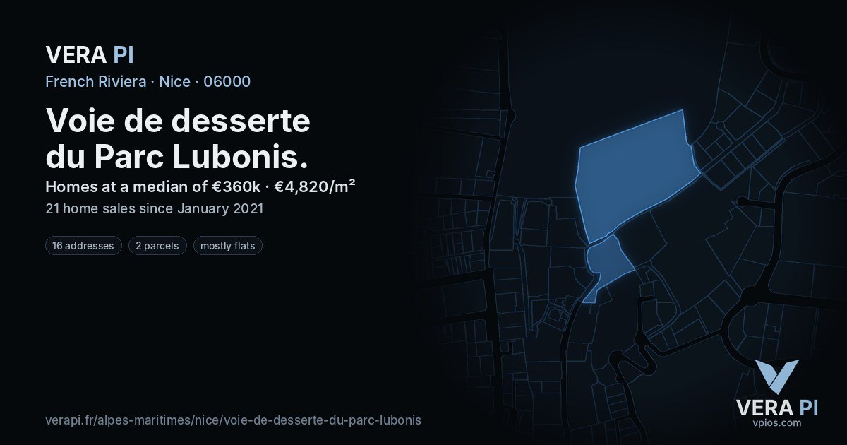 Voie de desserte du Parc Lubonis, Nice at night – every parcel coloured by the prices around it, the street's own parcels lit