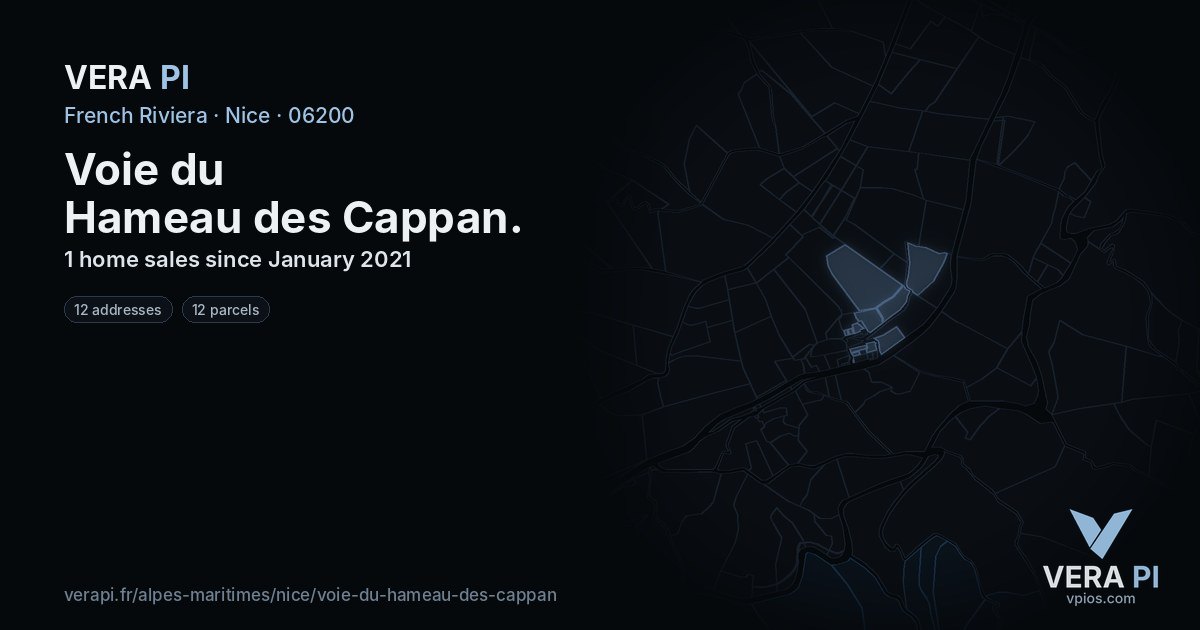 Voie du Hameau des Cappan, Nice at night – every parcel coloured by the prices around it, the street's own parcels lit