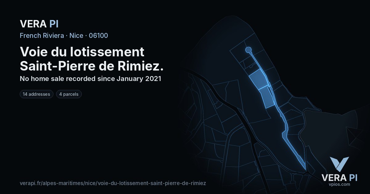 Voie du lotissement Saint-Pierre de Rimiez, Nice at night – every parcel coloured by the prices around it, the street's own parcels lit