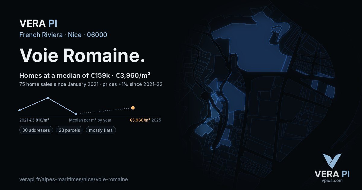 Voie Romaine, Nice at night – every parcel coloured by the prices around it, the street's own parcels lit