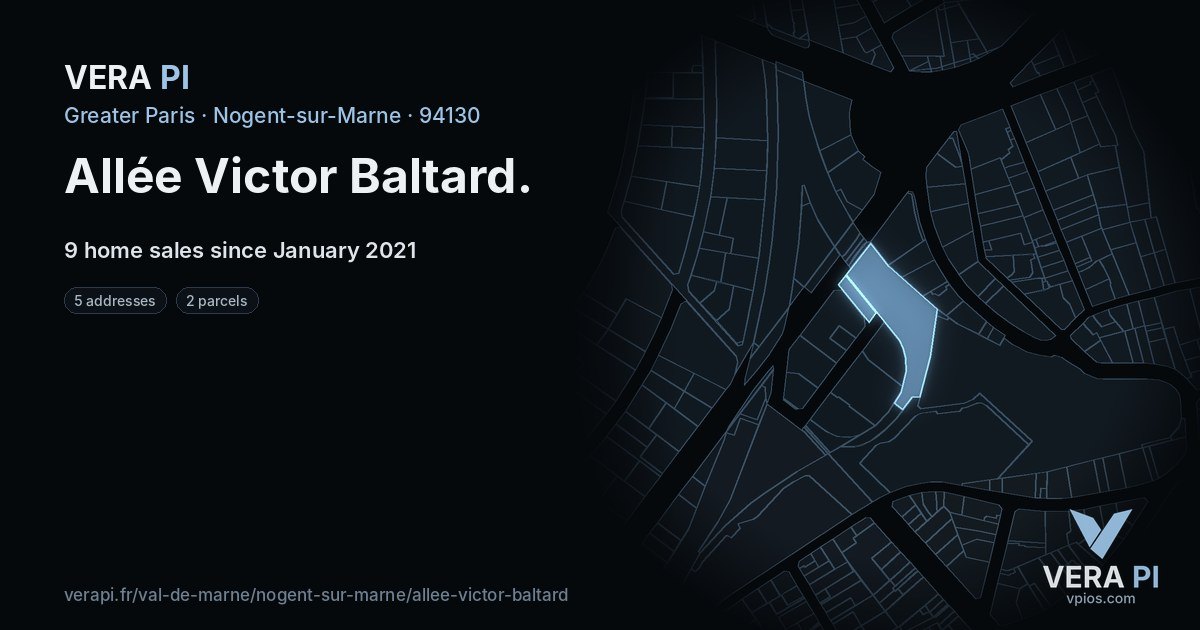 Allée Victor Baltard, Nogent-sur-Marne at night – every parcel coloured by the prices around it, the street's own parcels lit