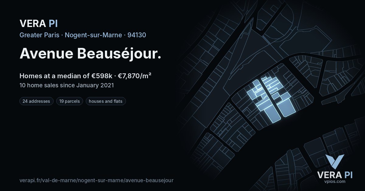 Avenue Beauséjour, Nogent-sur-Marne at night – every parcel coloured by the prices around it, the street's own parcels lit