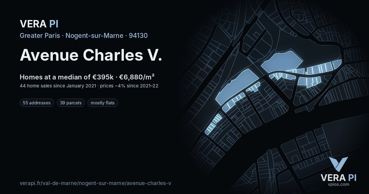 Avenue Charles V, Nogent-sur-Marne at night – every parcel coloured by the prices around it, the street's own parcels lit