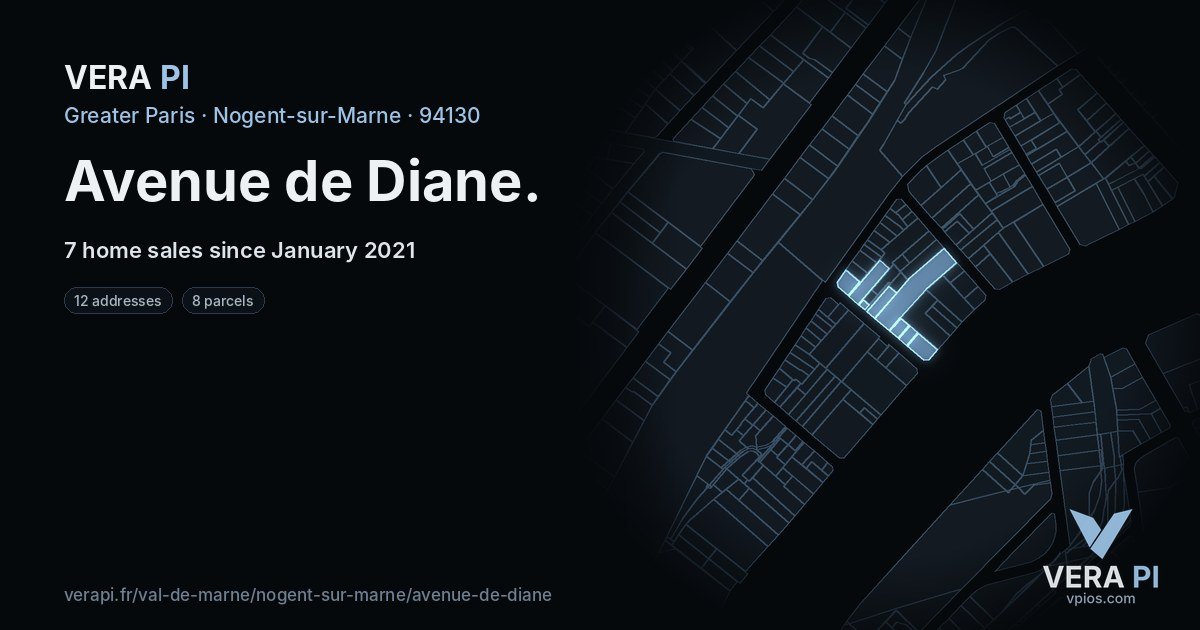 Avenue de Diane, Nogent-sur-Marne at night – every parcel coloured by the prices around it, the street's own parcels lit
